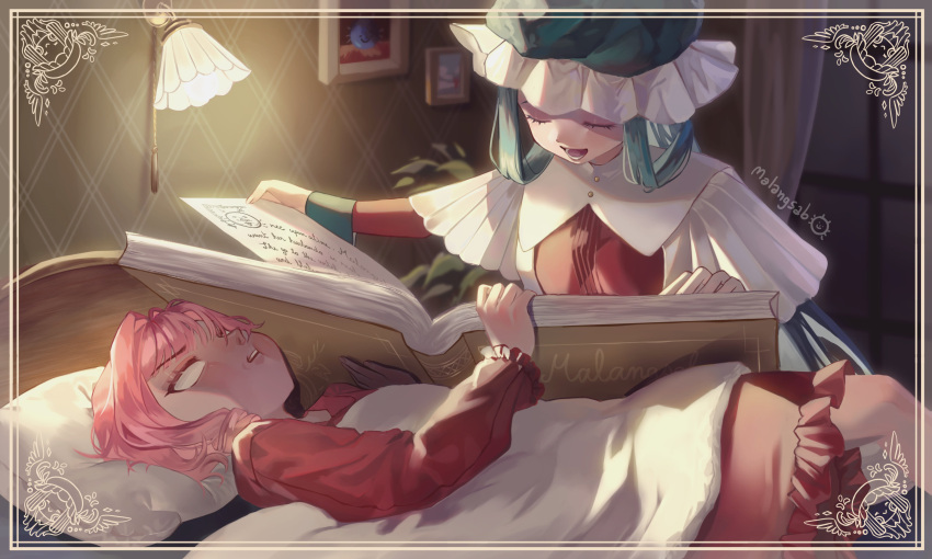 2girls, absurdres, blank_eyes, blanket, blue_hair, book, border, cheek_squash