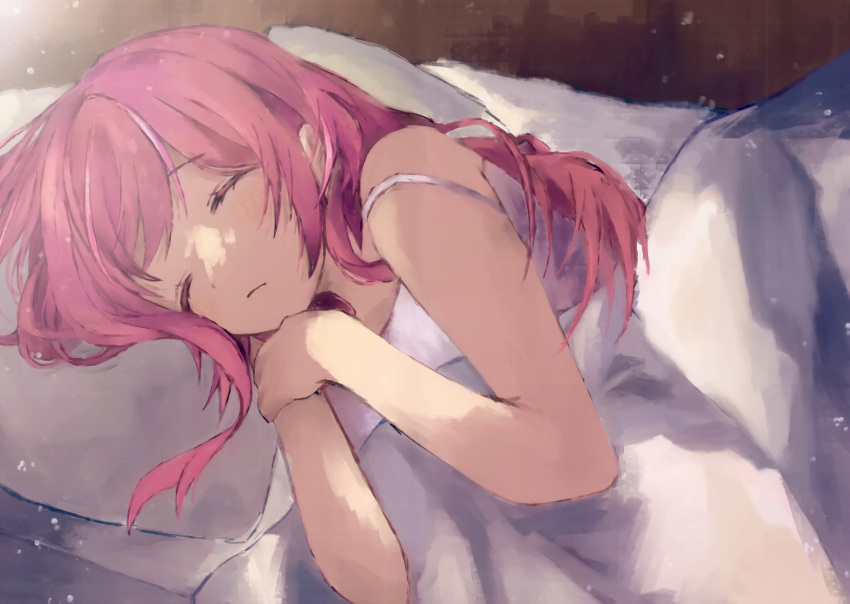 1girl, absurdres, amagase_muyu, bare_shoulders, bed, blanket, blush, closed_eyes