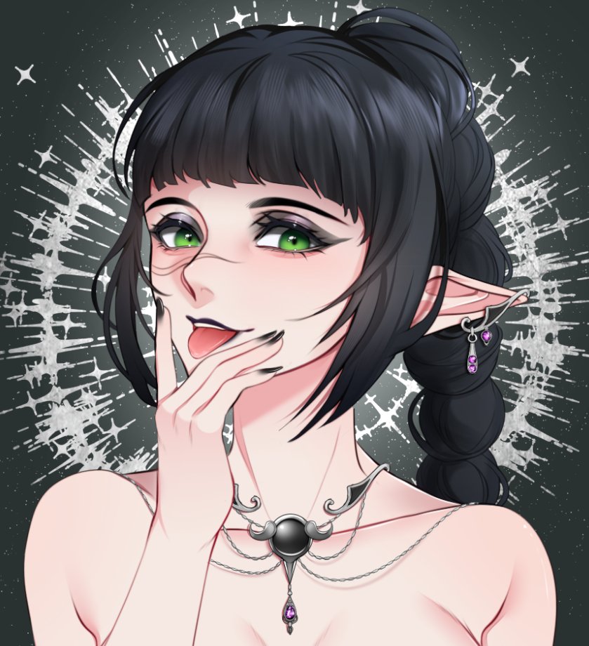 1girl, :p, baldur's_gate, baldur's_gate_3, black_hair, black_nails, collarbone, dungeons_&amp;_dragons