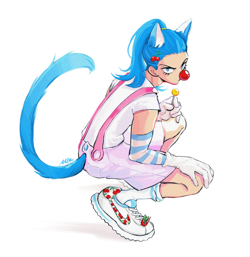 1boy, aged_down, animal_ear_fluff, animal_ears, blue_eyes, blue_hair, blue_stripes, blue_tail