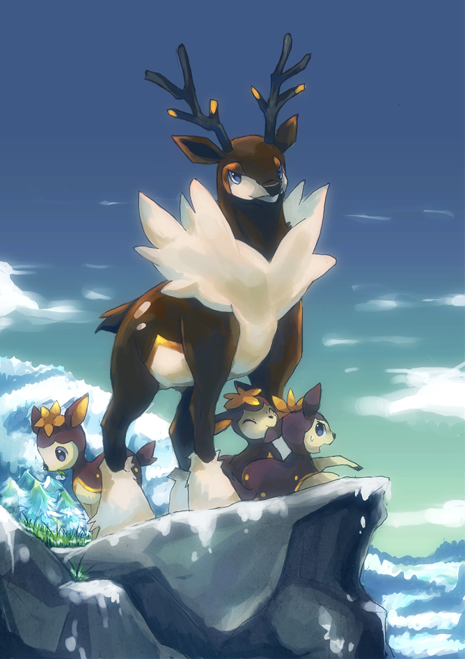 clouds, deerling, fawn, forest, grass, mountain, nature, no_humans