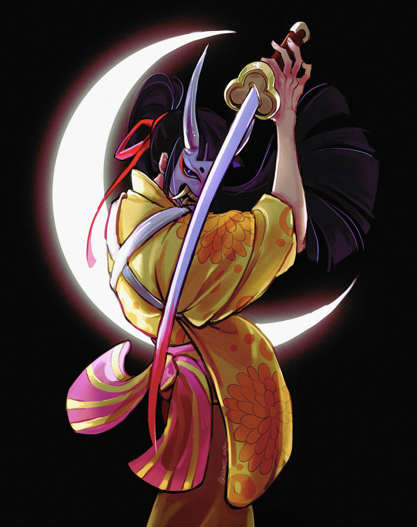 1boy, absurdres, androgynous, black_background, black_hair, blood, blood_on_weapon, blunt_bangs