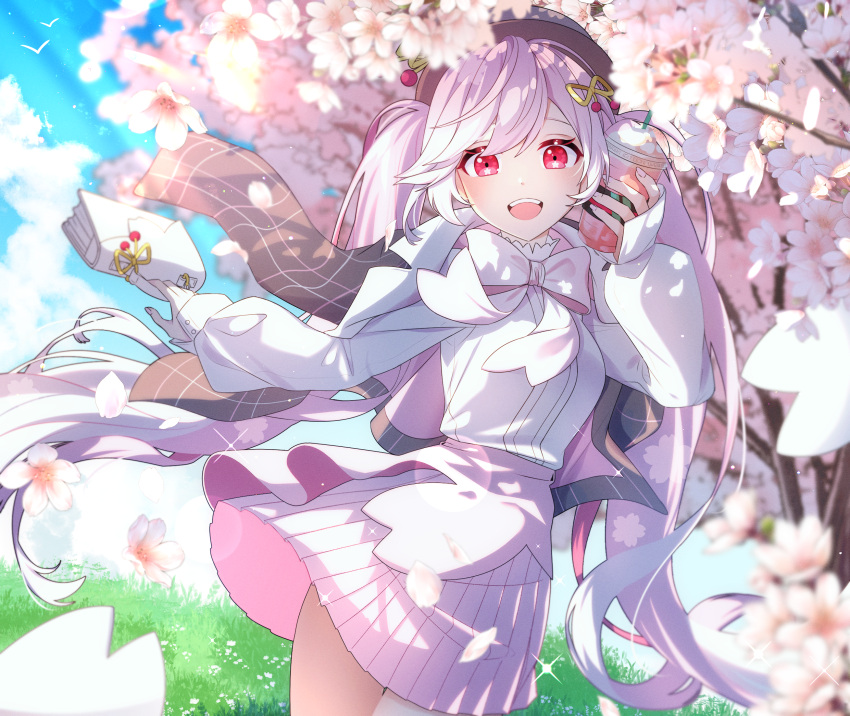 1girl, arm_at_side, bag, bird, blue_sky, bowler_hat, brown_headwear, brown_jacket