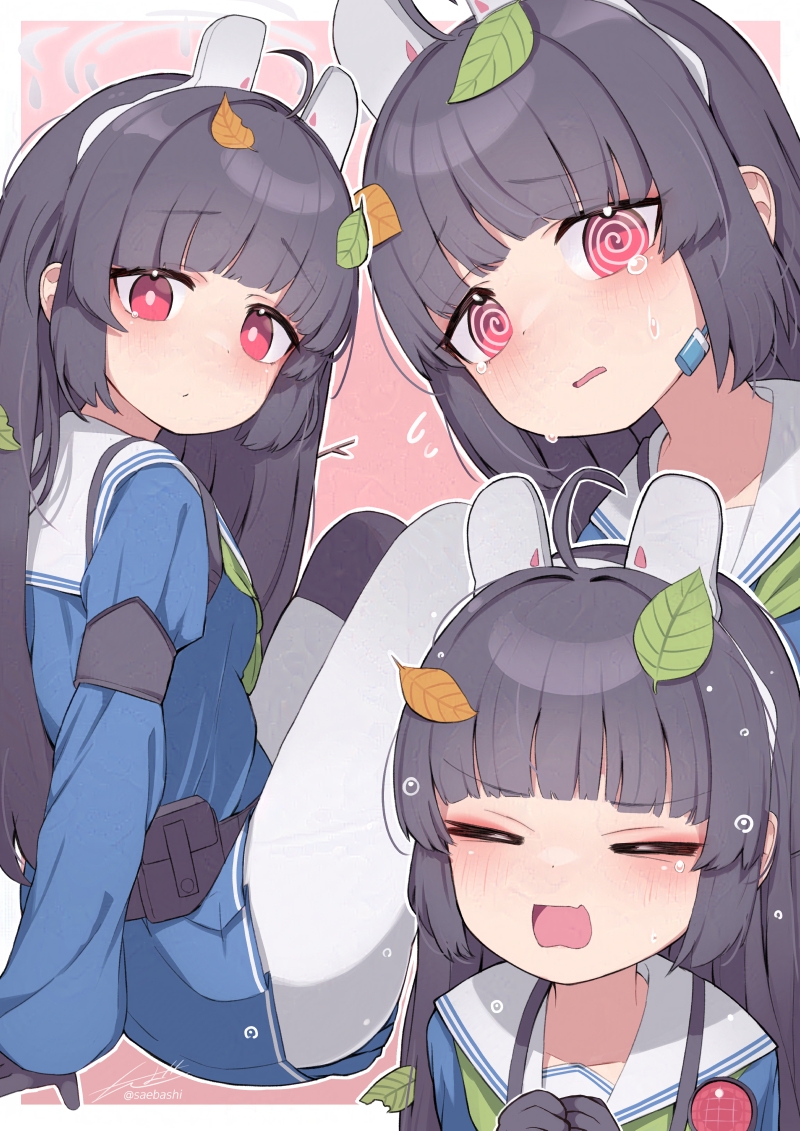 1girl, animal_ears, black_hair, blue_archive, blue_serafuku, blue_skirt, blush, closed_eyes