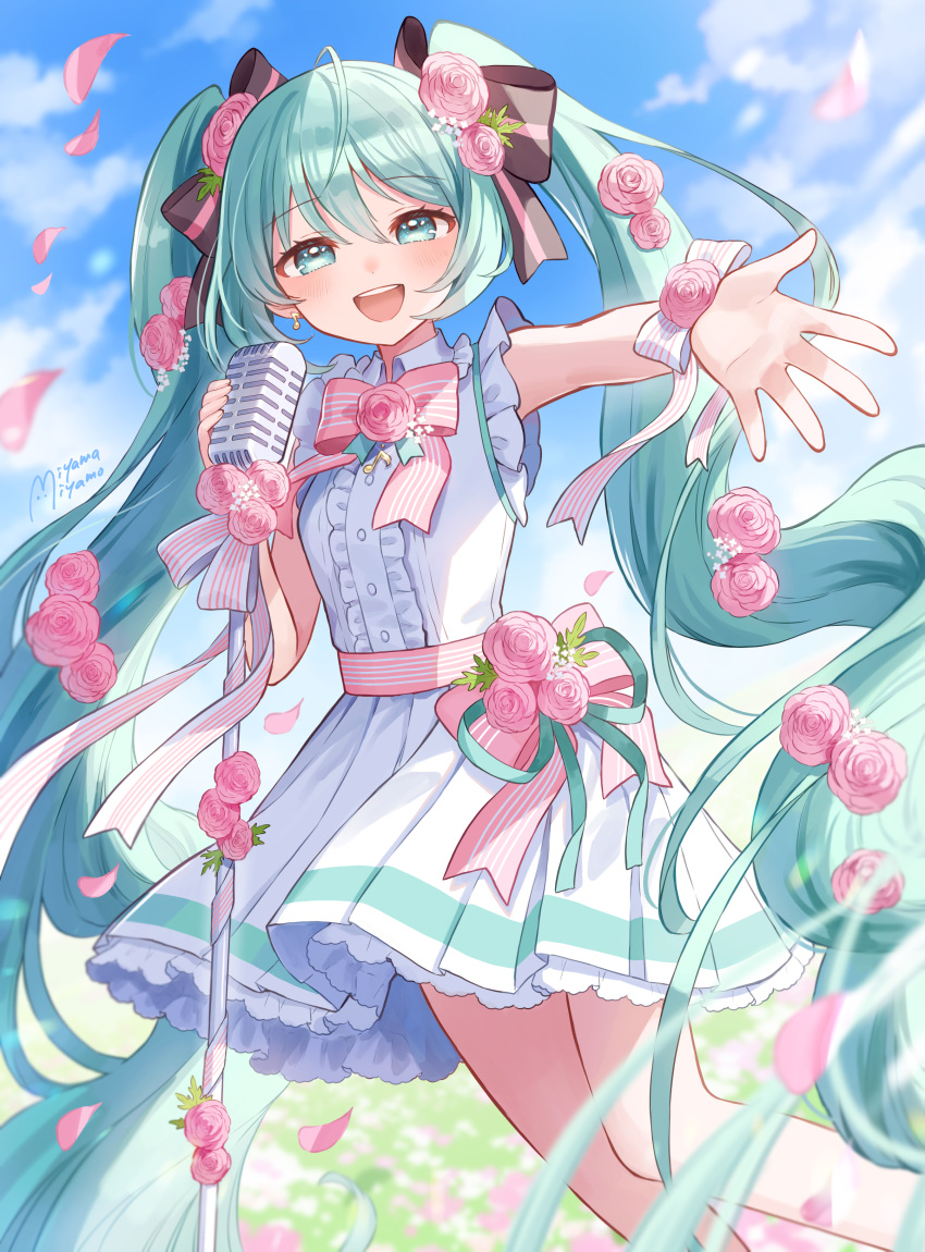 1girl, absurdres, aqua_eyes, aqua_hair, aqua_ribbon, artist_name, baby's-breath, black_ribbon