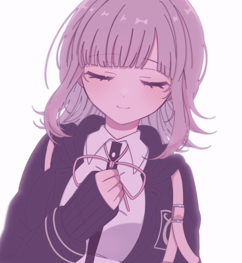 1girl, backpack, bag, black_jacket, black_shirt, blush, chi_gu, clenched_hand