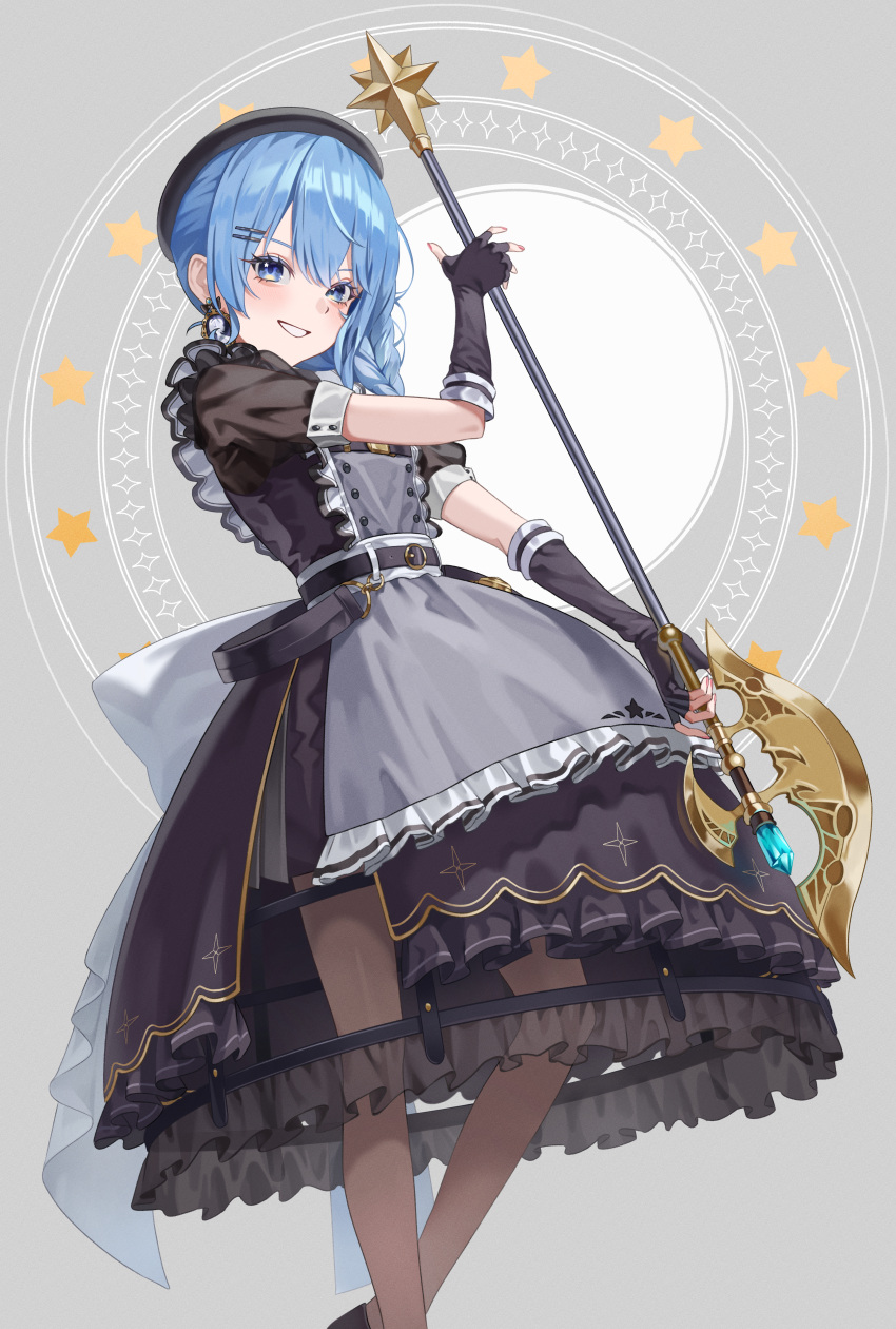 1girl, absurdres, apron, back_bow, bardiche_(weapon), belt, beret, black_belt