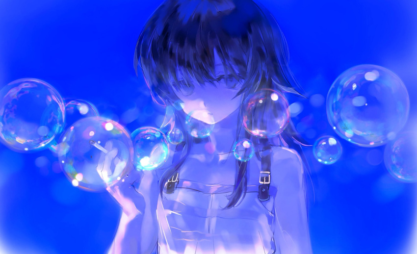 1girl, arm_at_side, bare_shoulders, belt, belt_buckle, black_hair, blue_background, blue_theme