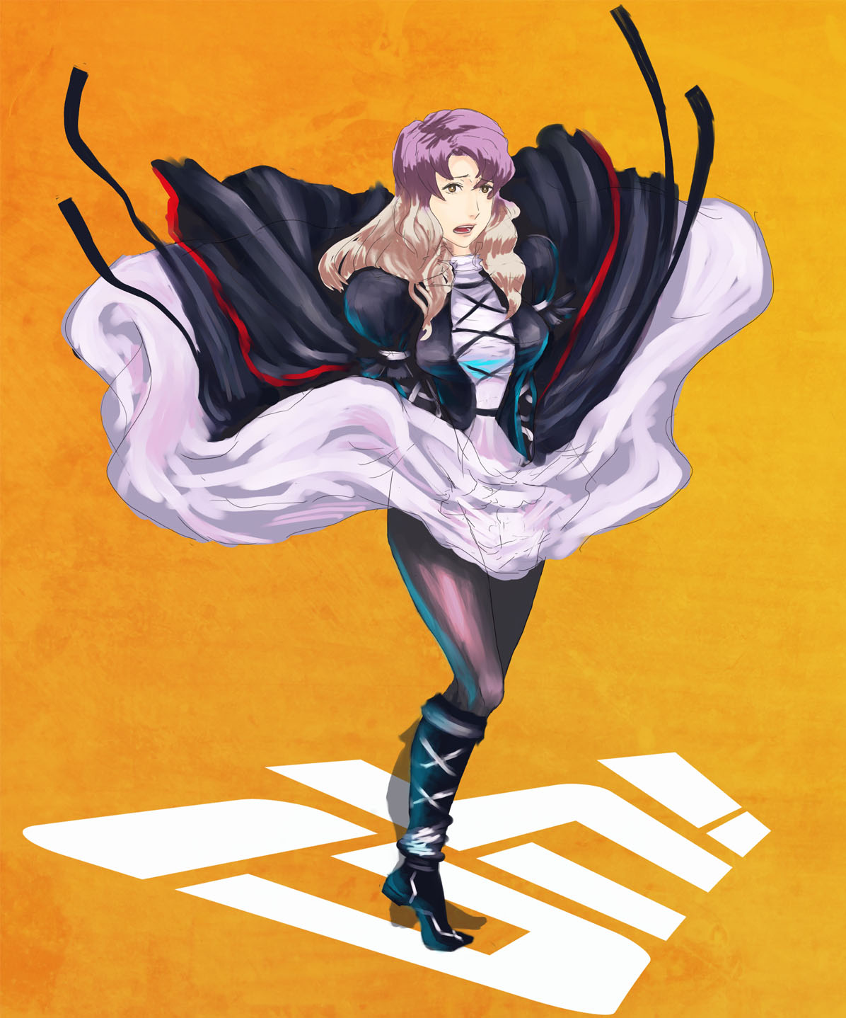 dress_lift, gradient_hair, highres, hijiri_byakuren, long_hair, multicolored_hair, oo_gata_ken, osuwari, pantyhose, solo, touhou, upskirt, wind_lift, yellow_eyes
