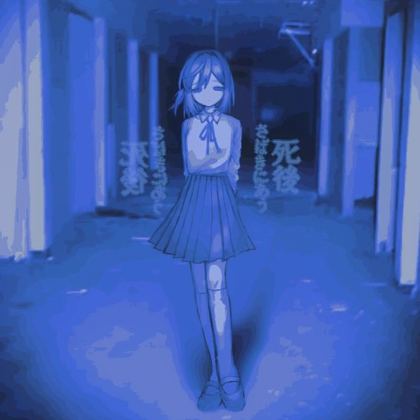 1girl, arms_behind_back, blue_eyes, blue_theme, blurry, blurry_background, blurry_text, closed_mouth