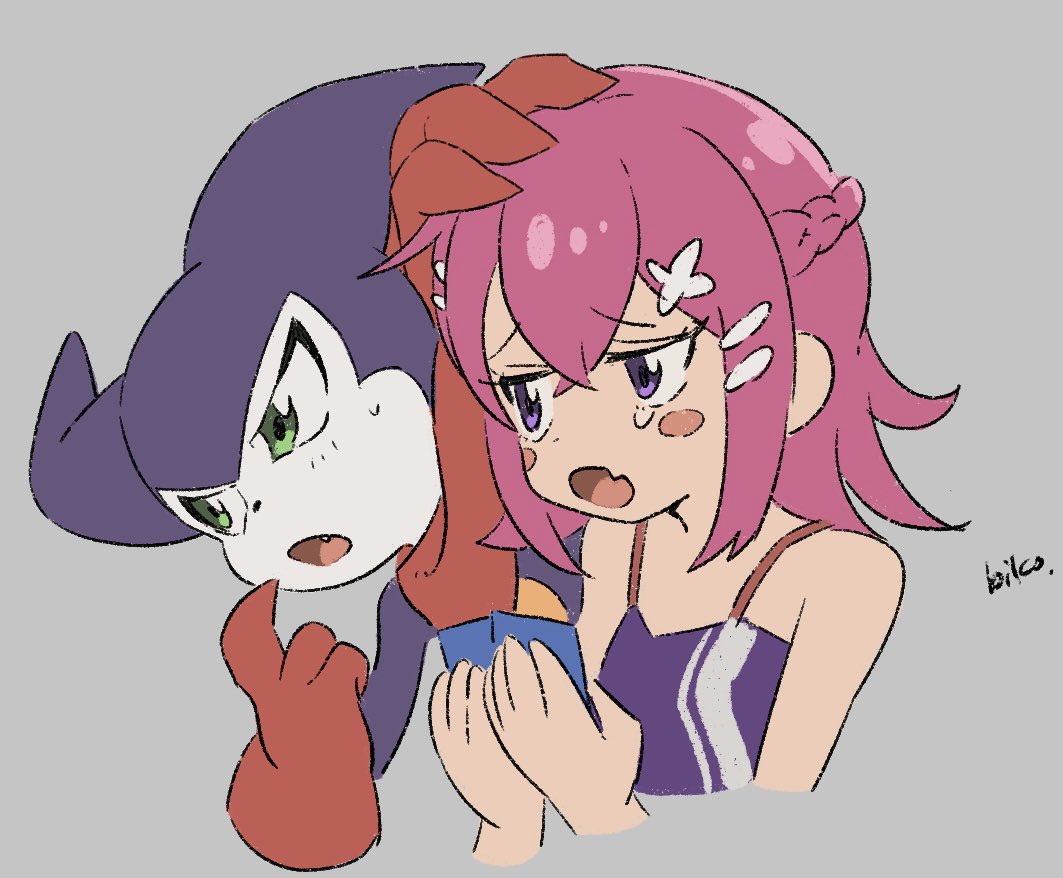 1girl, 1other, artist_name, bandana, bandana_around_neck, blush_stickers, camisole, card