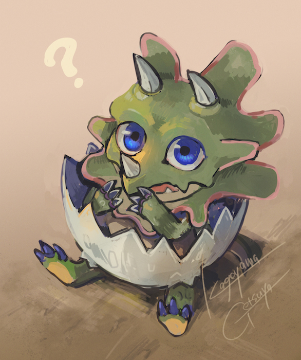 ?, animal_focus, artist_name, babycerasaurus, blue_eyes, claws, colored_skin, commentary_request