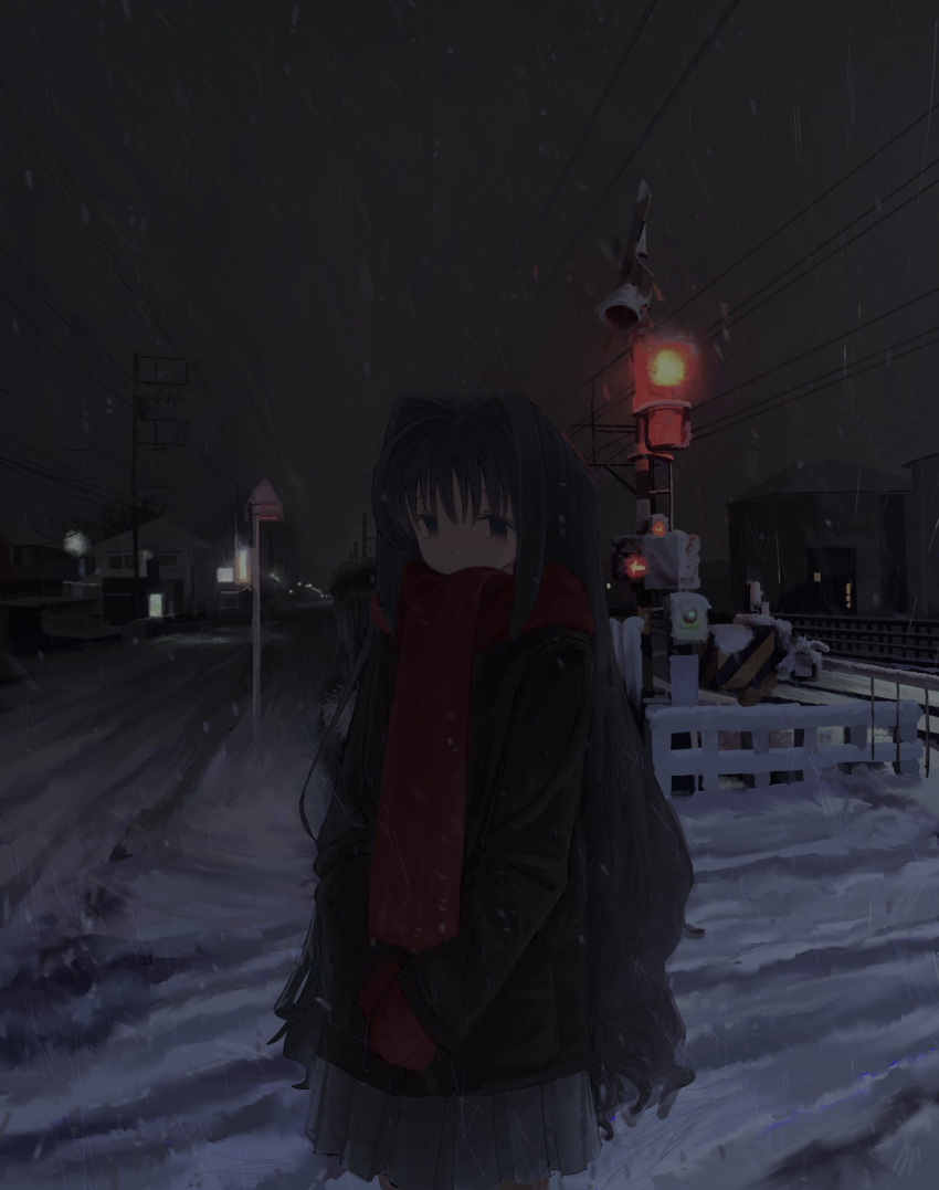 1girl, black_hair, blush, closed_mouth, coat, cowboy_shot, dot_nose, empty_eyes, from_side, grey_skirt, hair_intakes, head_tilt, highres, horizon, house, kibishiihiekomi, light, long_hair, long_sleeves, looking_at_viewer, miniskirt, mittens, night, nose_blush, original, outdoors, own_hands_together, perspective, photo_background, pleated_skirt, pole, power_lines, railing, railroad_crossing, railroad_signal, raised_eyebrows, red_mittens, red_scarf, road, scarf, sidelocks, skirt, snowing, solo, street, utility_pole, very_long_hair, winter, winter_clothes, winter_coat