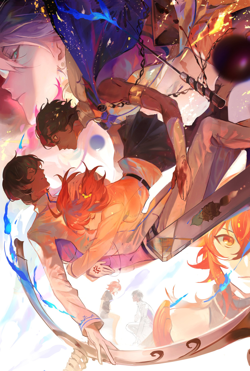 1girl, 4boys, absurdres, aqua_eyes, arjuna_(fate), arms_around_waist, black_eyes, black_hair