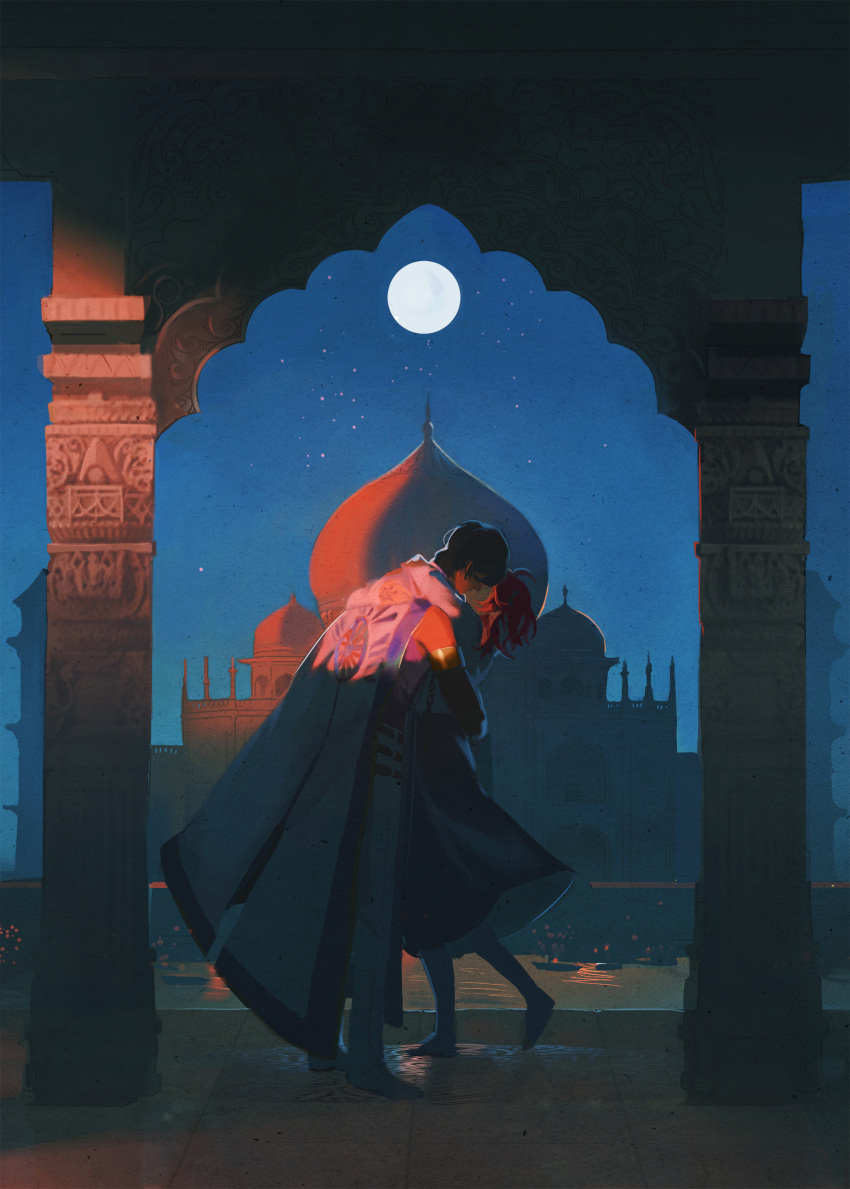 1boy, 1girl, absurdres, architecture, arjuna_(fate), arm_around_waist, black_hair, boat