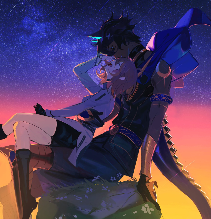 1boy, 1girl, arjuna_(fate), arjuna_alter_(fate), arm_around_waist, black_eyes, black_hair, black_shorts