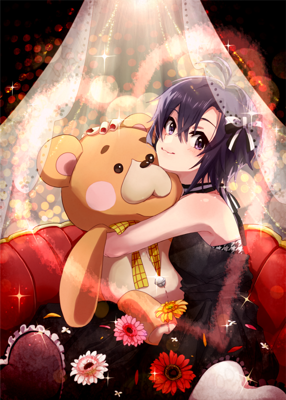 1girl, anaroguya, antenna_hair, bare_shoulders, black_dress, black_eyes, black_hair, blush