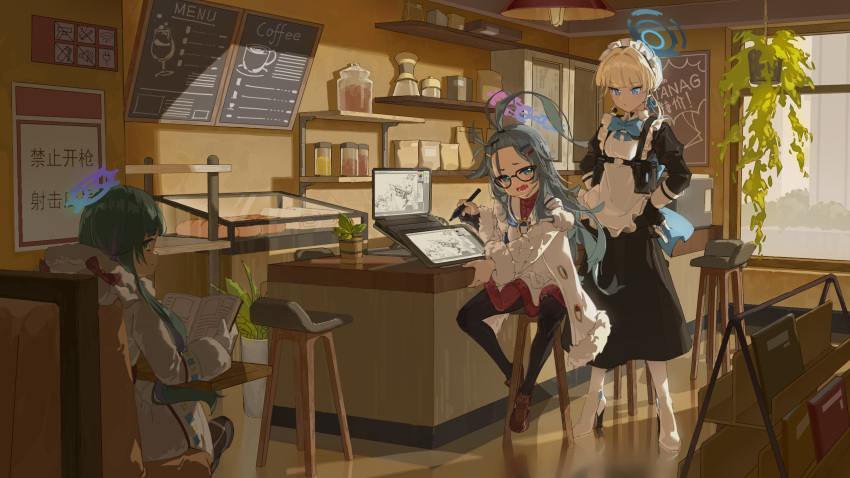 3girls, :/, ahoge, animal_hood, apron, artist_glove, back_bow, bangs_pinned_back