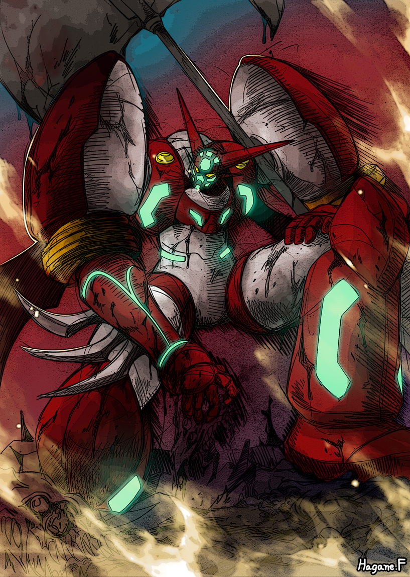 blade, blood, haganef, huge_weapon, kneeling, mecha, no_humans, severed_head