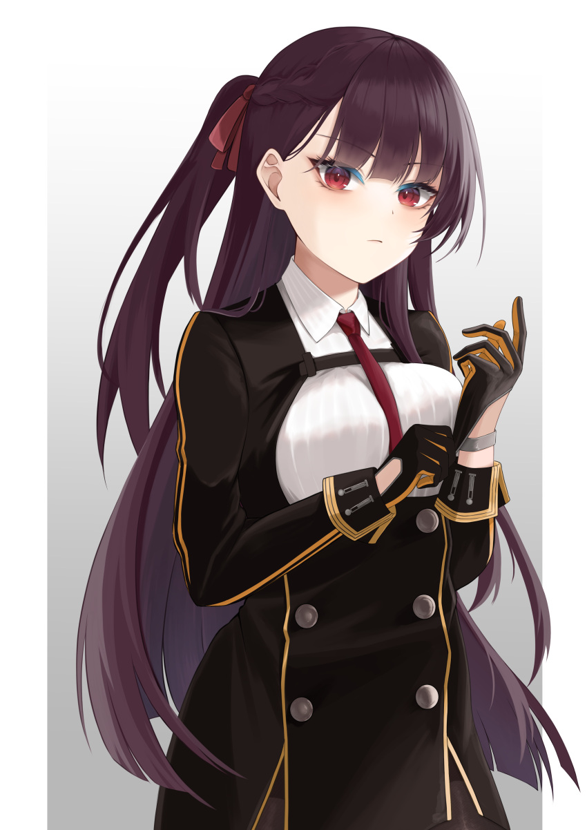 1girl, absurdres, breasts, codename696, girls_frontline, gloves, highres, long_hair, looking_at_viewer, medium_breasts, necktie, ponytail, purple_hair, red_eyes, red_necktie, very_long_hair, wa2000_(girls'_frontline)