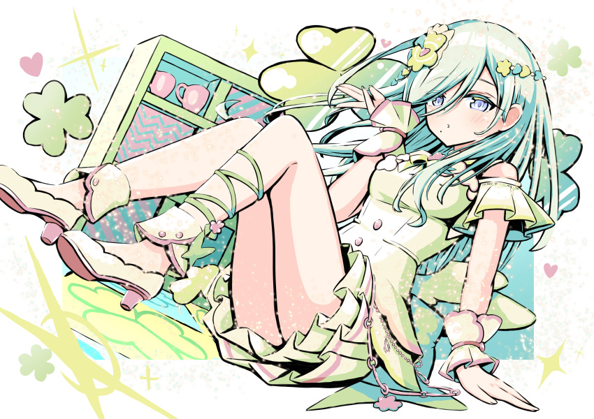 1girl, absurdres, bare_shoulders, blowing_kiss, blue_eyes, breasts, cabinet, clover
