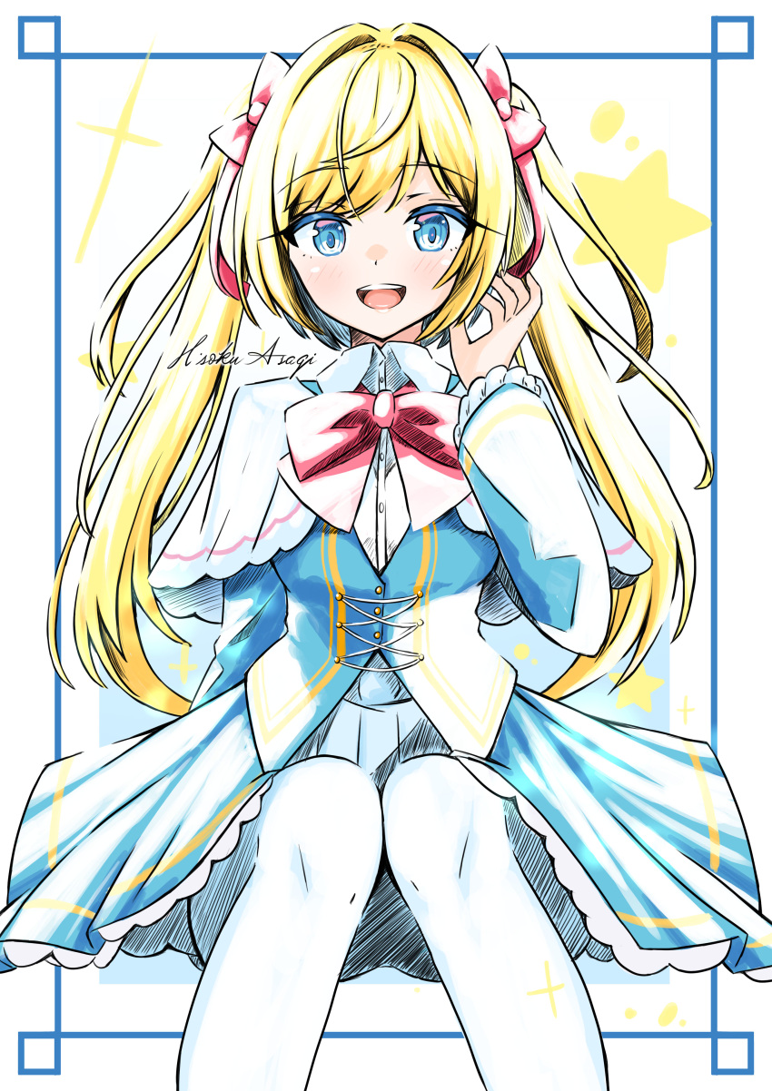 1girl, absurdres, alice_in_wonderland, artist_name, blonde_hair, blue_dress, blue_eyes, bow, bowtie, capelet, collared_shirt, dress, feet_out_of_frame, frilled_sleeves, frills, hair_bow, hair_ribbon, highres, hisokuasagi334, knees_together_feet_apart, long_hair, long_sleeves, open_mouth, original, red_bow, red_bowtie, red_ribbon, ribbon, shirt, signature, sitting, skirt, smile, solo, straight-on, twintails, white_capelet, white_shirt, white_skirt
