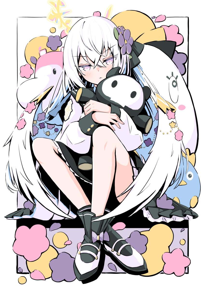 1girl, :<, absurdres, angel_wings, azusa_(blue_archive), big_brother_(blue_archive), black_dress, black_ribbon