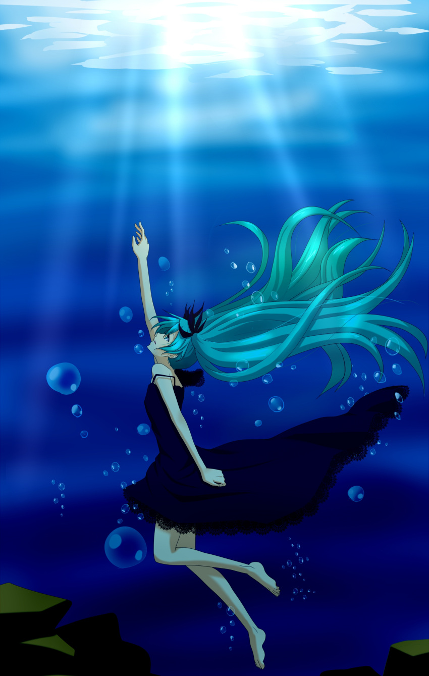 aqua_eyes, aqua_hair, barefoot, dress, hatsune_miku, highres, legs, long_hair