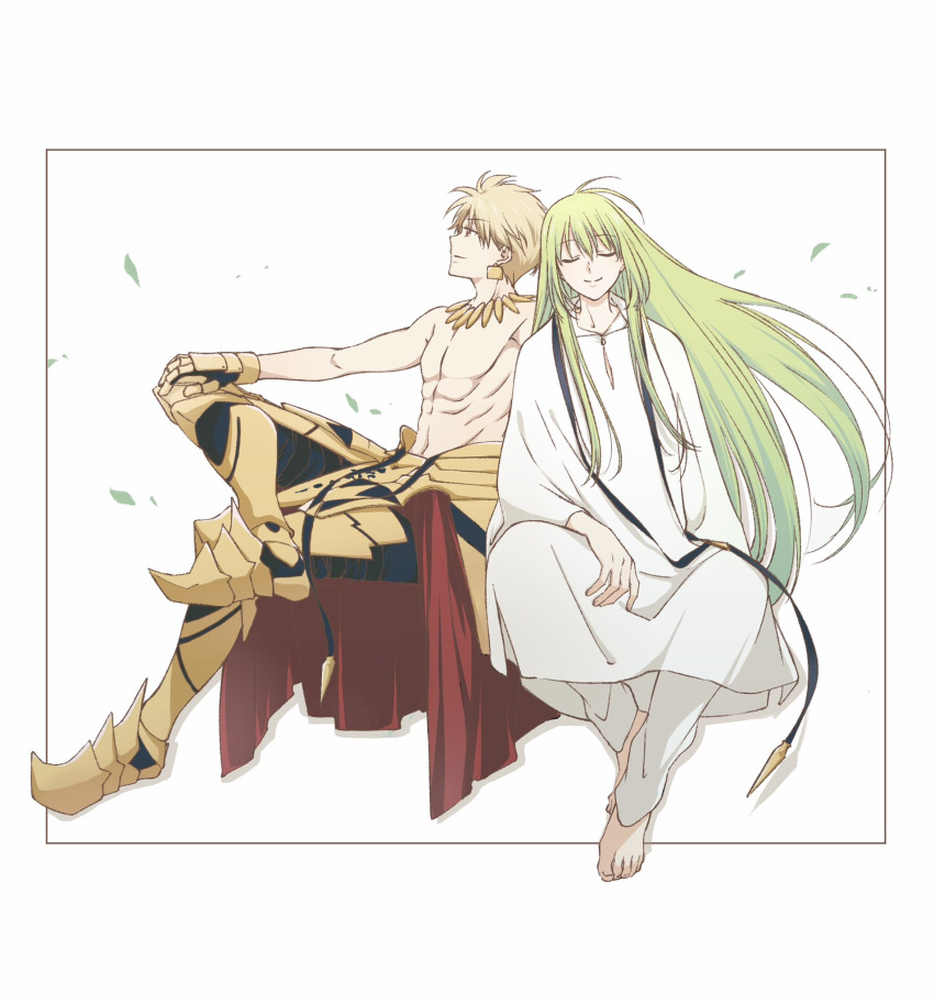 1boy, 1other, androgynous, armor, blonde_hair, closed_eyes, earrings, enkidu_(fate)