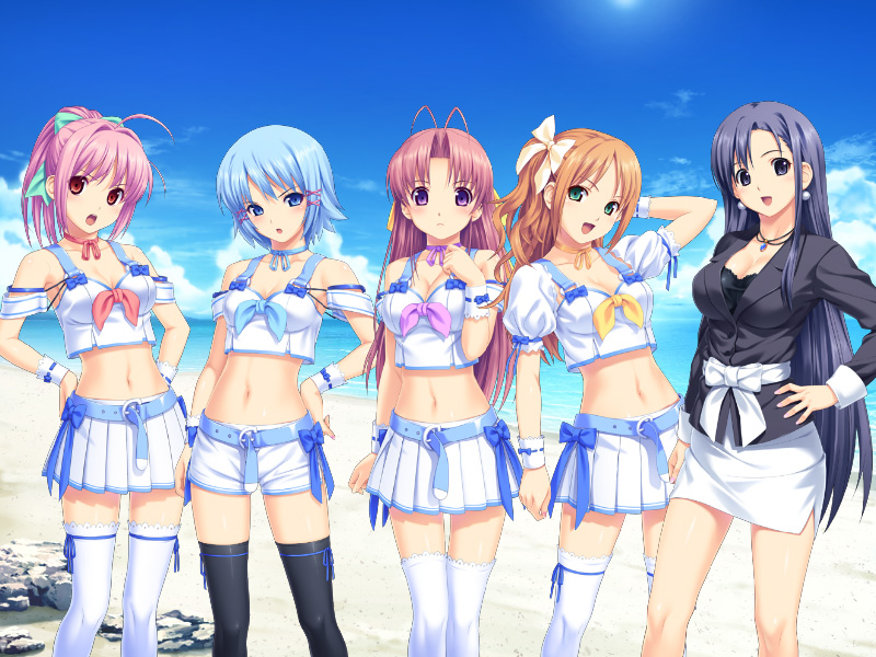 5girls, ahoge, antenna_hair, aoi_matsuri, beach, belt, black_hair, blue_eyes