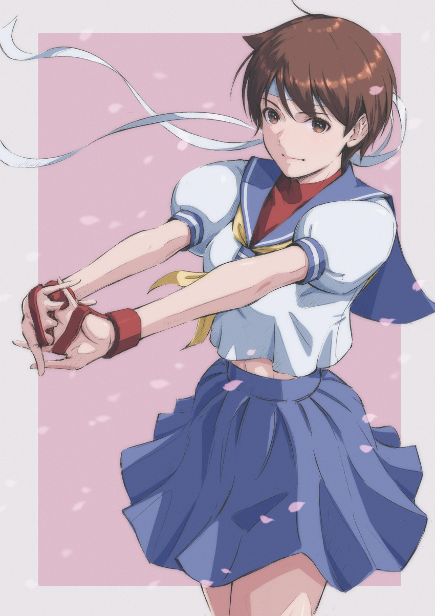 1girl, absurdres, blue_skirt, brown_eyes, brown_hair, closed_mouth, commentary, gloves