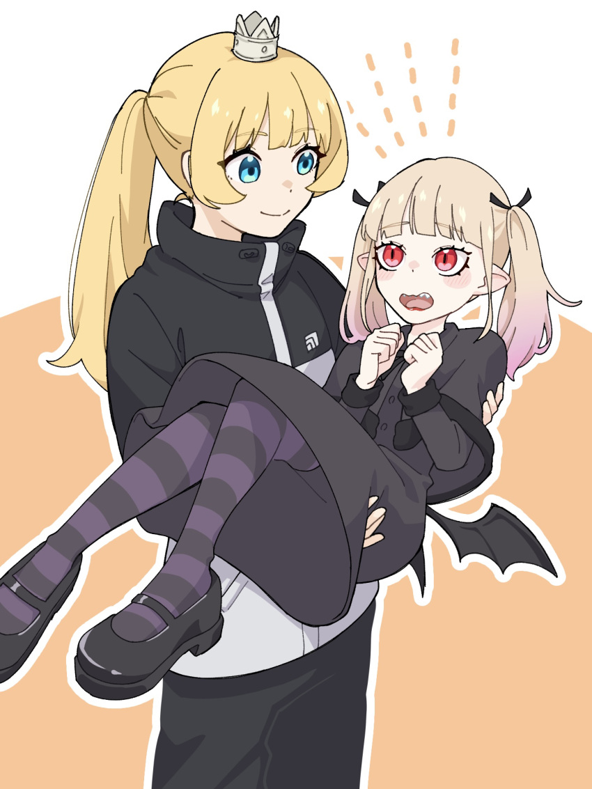 2girls, black_capelet, black_dress, black_footwear, black_jacket, black_pants, blonde_hair, blue_eyes