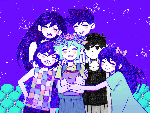 2girls, 4boys, animated, animated_gif, antenna_hair, aqua_dress, aubrey_(headspace)_(omori), aubrey_(omori)
