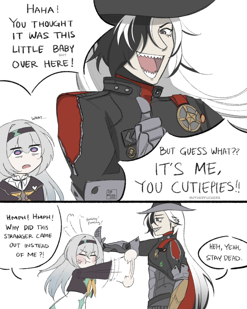 1boy, 1girl, 2koma, :d, :t, black_hair, black_headwear, black_jacket