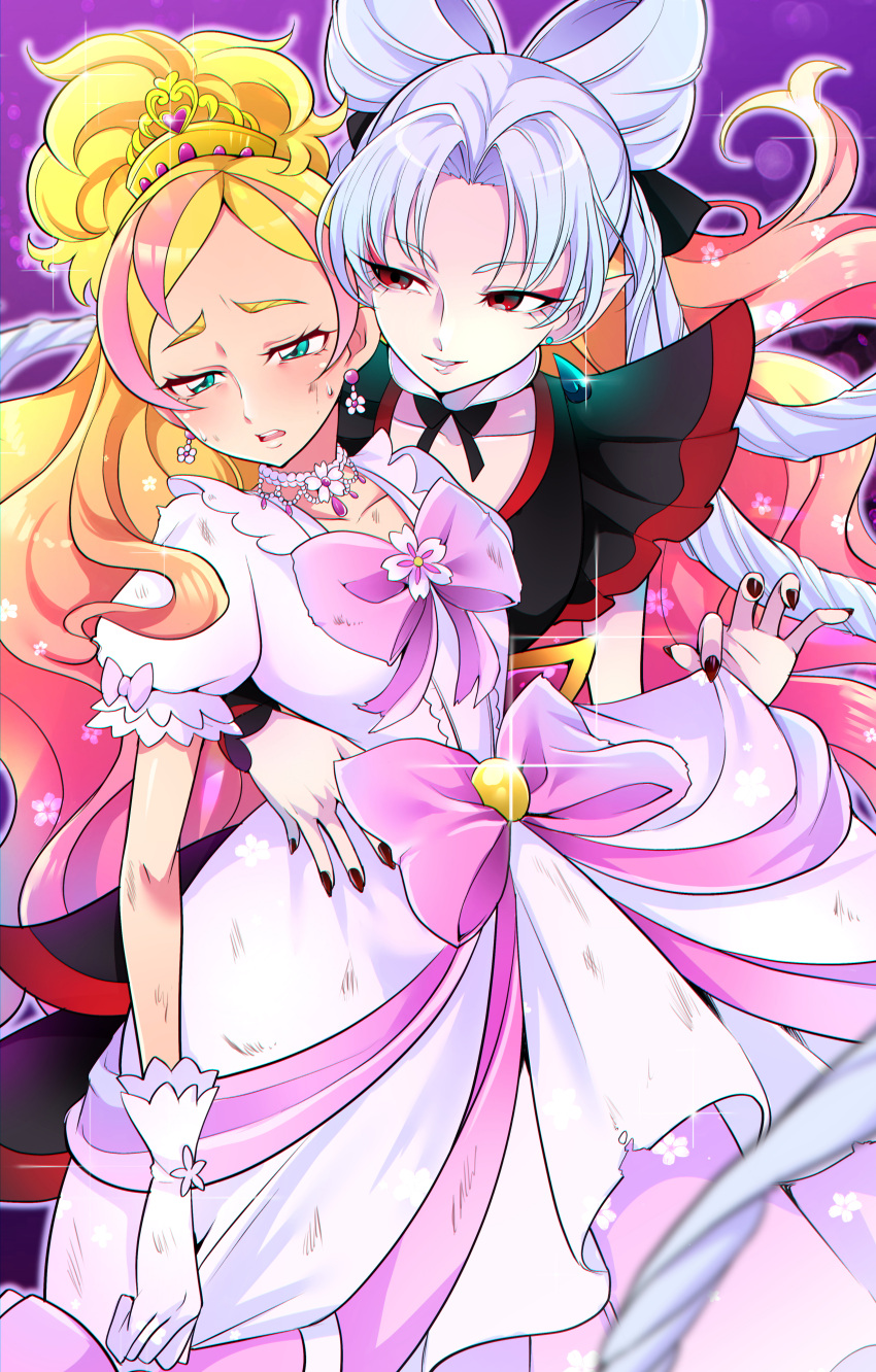 2girls, absurdres, akagi_towa, albino, arm_around_waist, black_bow, black_dress, black_nails, blonde_hair, blush, bow, chromatic_aberration, commission, cowboy_shot, cure_flora, cure_flora_(dress_up_premium), curtained_hair, detached_collar, dress, drop_earrings, earrings, fingernails, flower_brooch, flower_earrings, gloves, go!_princess_precure, gradient_hair, green_eyes, hair_ornament, half-closed_eyes, haruno_haruka, highres, holding, holding_clothes, holding_dress, jewelry, light_smile, long_hair, looking_at_another, magical_girl, mitsuki_tayura, multicolored_hair, multiple_girls, open_mouth, pale_skin, parted_bangs, pink_bow, pink_hair, pixiv_commission, pointy_ears, precure, puffy_sleeves, purple_background, raised_eyebrows, red_eyes, ringlets, shiny_skin, simple_background, streaked_hair, sweat, twilight_(go!_princess_precure), two-tone_hair, waist_bow, white_dress, white_gloves, white_hair