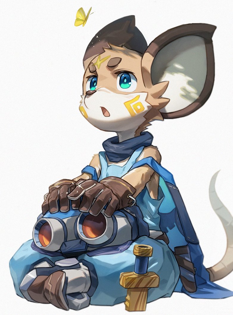 1boy, animal_ears, blue_eyes, blue_pants, blue_shirt, brown_gloves, bug, butterfly, commentary, cosplay, full_body, furry, furry_male, gloves, hashtag_only_commentary, indian_style, knife, looking_at_animal, lou_(world_flipper), lou_(world_flipper)_(cosplay), male_focus, mouse_boy, mouse_ears, mouse_tail, open_mouth, pants, planted, planted_knife, shirt, sitting, sven_(world_flipper), tail, waahurikya, white_background, world_flipper, yellow_butterfly