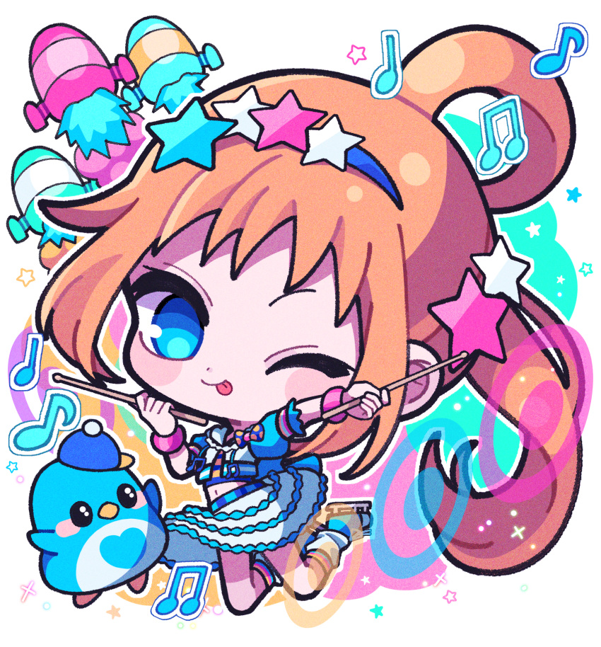 1girl, bird, blue_eyes, blue_footwear, blue_hairband, blue_jacket, blue_skirt, chibi