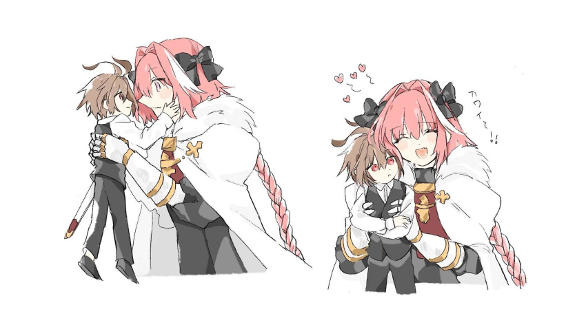 !, !!, 2boys, ^_^, antenna_hair, archived_source, astolfo_(fate), black_bow