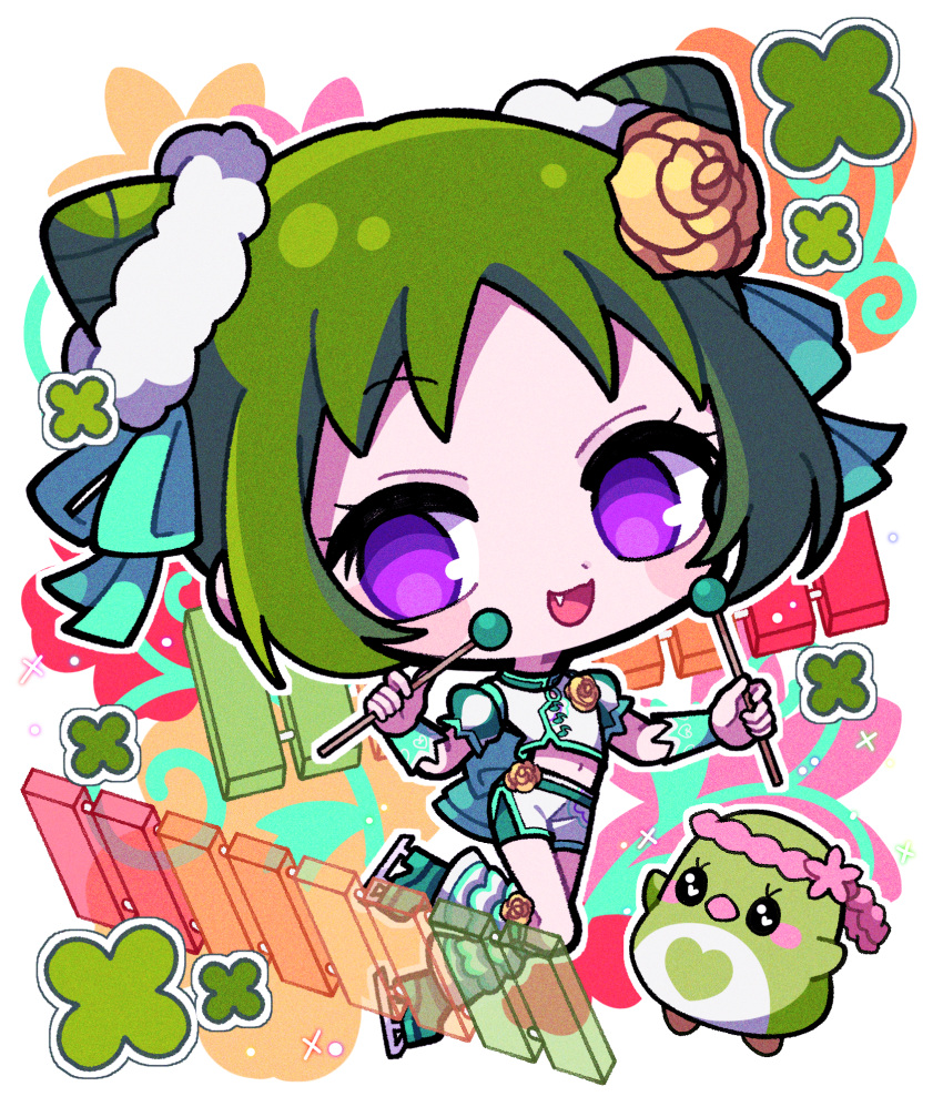 1girl, :d, bird, blue_footwear, chibi, chinese_clothes, clover, commentary_request