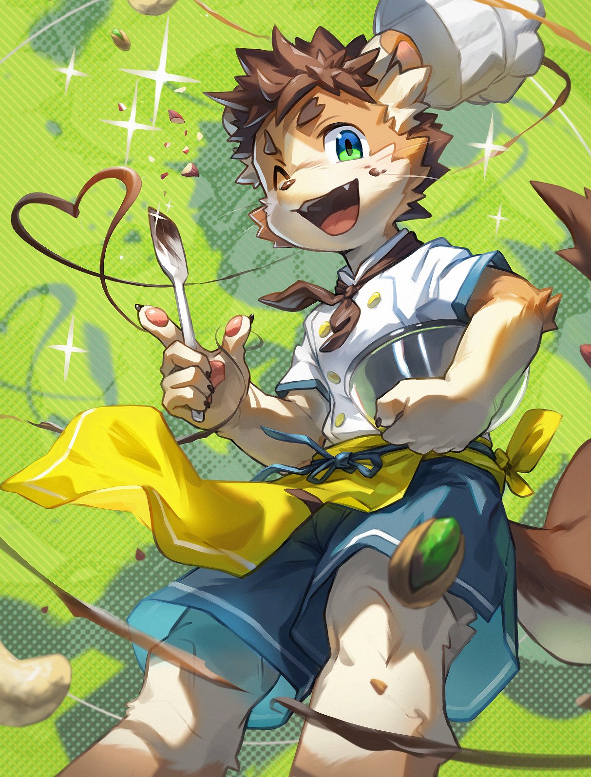 1boy, animal_ears, blue_shorts, bowl, brown_neckerchief, chef_hat, claws, commentary
