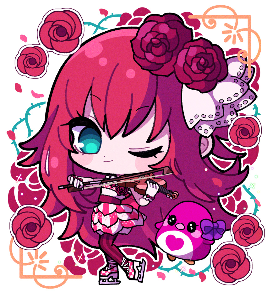 1girl, blue_eyes, chibi, closed_mouth, commentary_request, dress, floral_background, flower