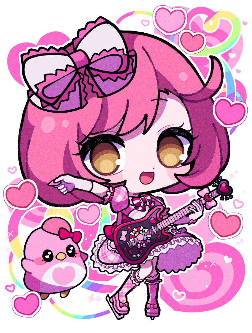 1girl, :d, ayase_naru, bird, bow, brown_eyes, chibi, commentary_request