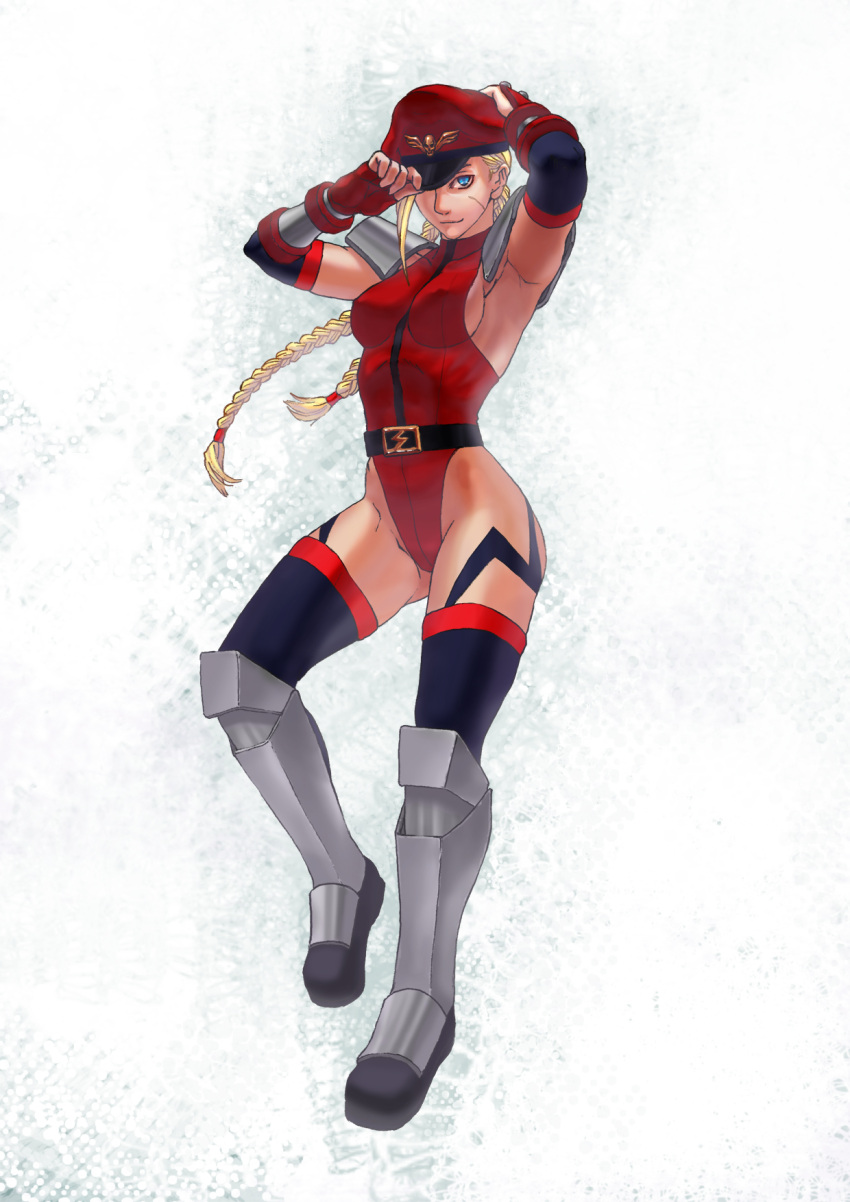 blonde_hair, blue_eyes, braid, cammy_white, cosplay, highres, solo, street_fighter, street_fighter_iv, thighhighs, vega, vega_(cosplay)