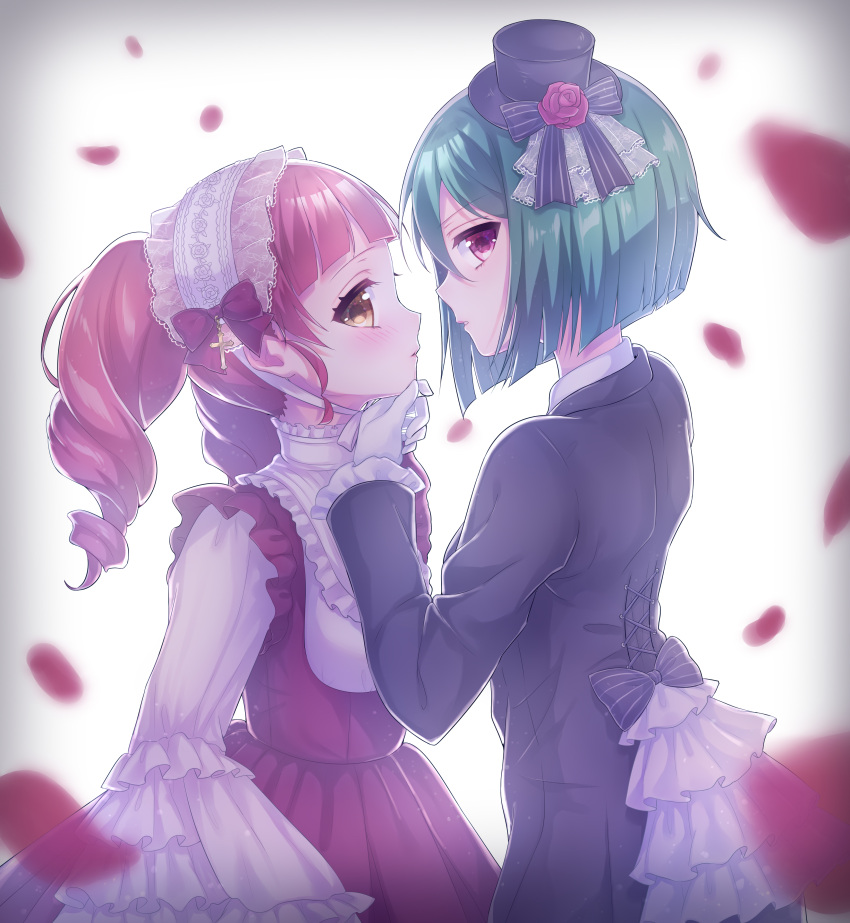 2girls, absurdres, akagi_anna, aki_(akinyaaaaa), black_headwear, black_jacket, blunt_bangs, blurry
