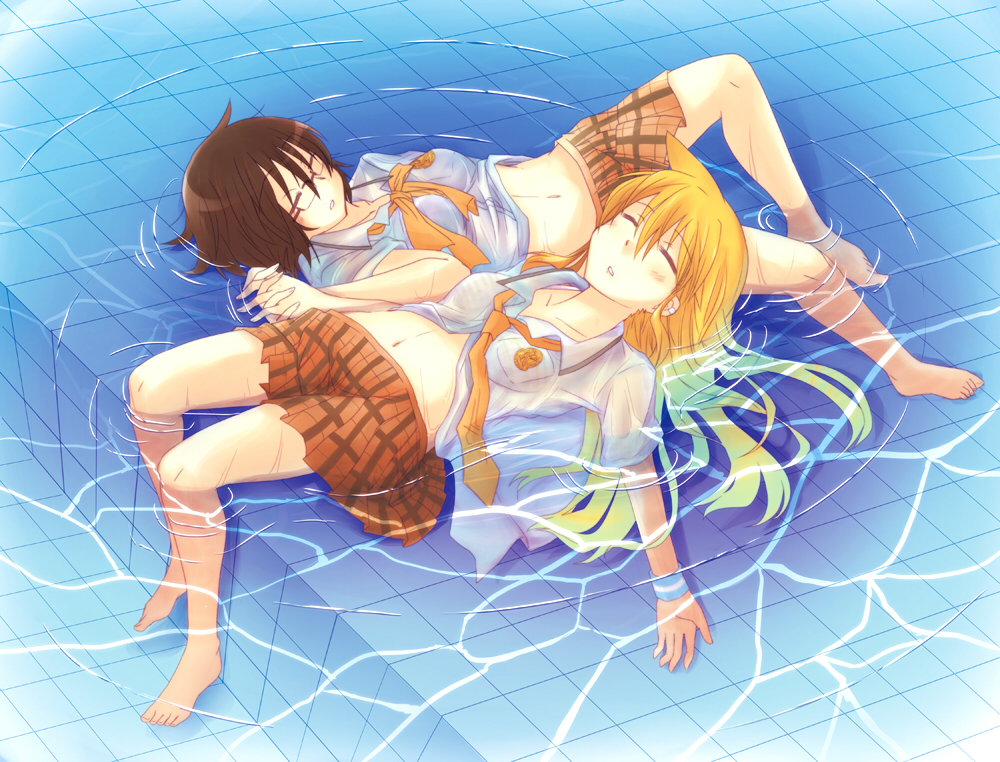 bra, brown_hair, closed_eyes, earrings, feet, glasses, holding_hands, hyakko