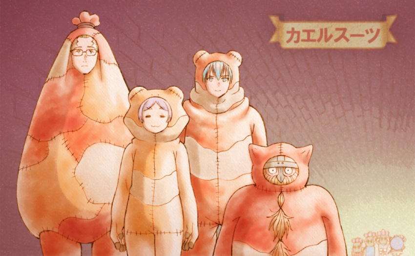 2girls, 6+boys, =_=, animal_costume, arms_at_sides, asunaro_(asunar5zng), backpack, bag, beard, blue_eyes, blue_hair, brown_hair, chilchuck_tims, commentary_request, cosplay, crossover, dungeon_meshi, dwarf, eisen_(sousou_no_frieren), facial_hair, facing_away, frieren, frog_costume, glasses, gradient_background, grey_hair, heiter, helmet, himmel_(sousou_no_frieren), laios_thorden, laios_thorden_(cosplay), long_beard, looking_at_viewer, marcille_donato, marcille_donato_(cosplay), multiple_boys, multiple_girls, patchwork_clothes, pelt, senshi_(dungeon_meshi), senshi_(dungeon_meshi)_(cosplay), smile, sousou_no_frieren, standing