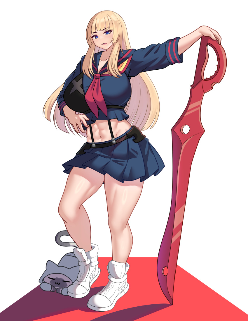 1girl, abs, absurdres, blonde_hair, blue_eyes, blue_skirt, breasts, cosplay