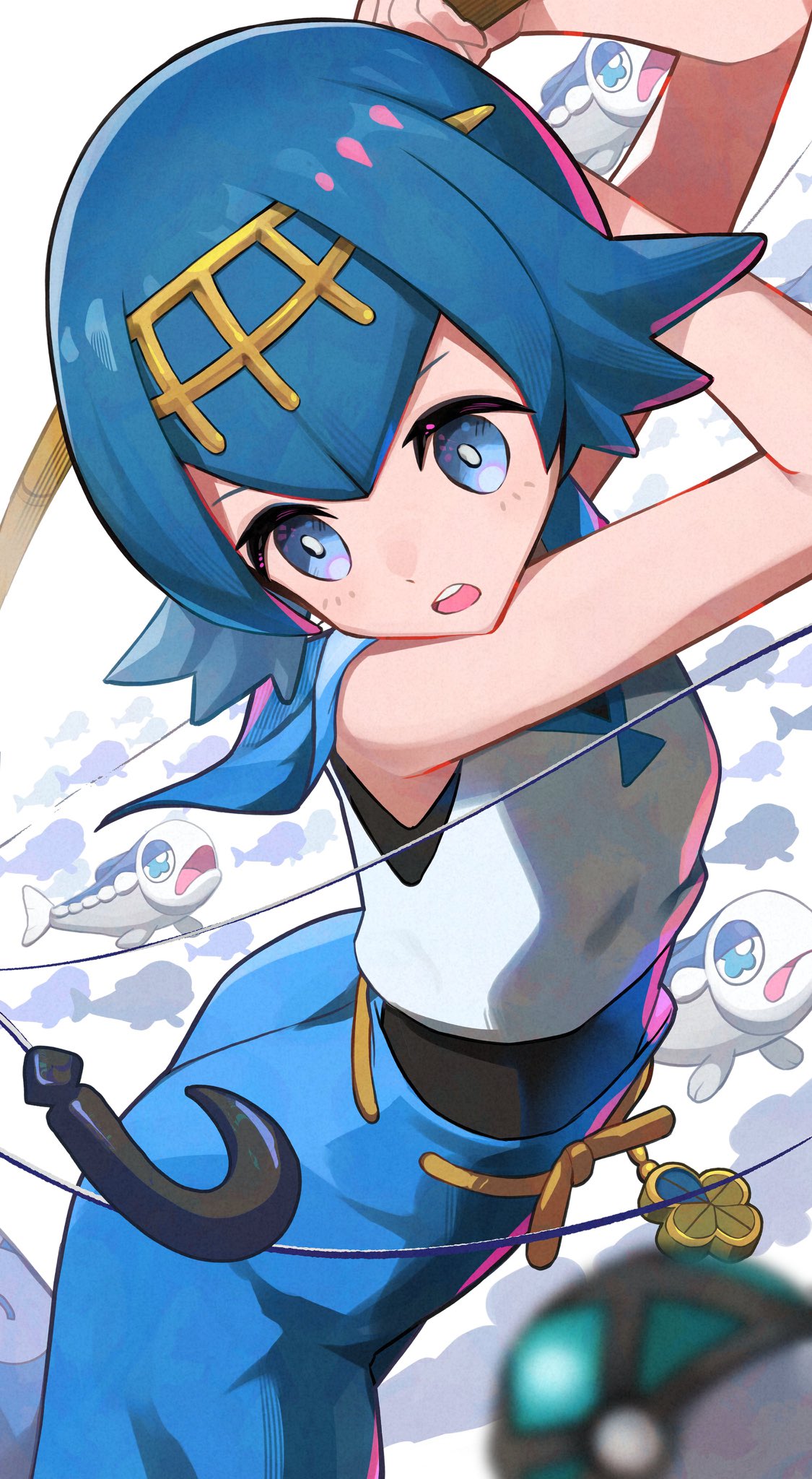 1girl, arms_up, blue_eyes, blue_hair, blue_pants, blue_sailor_collar, blurry, blurry_foreground
