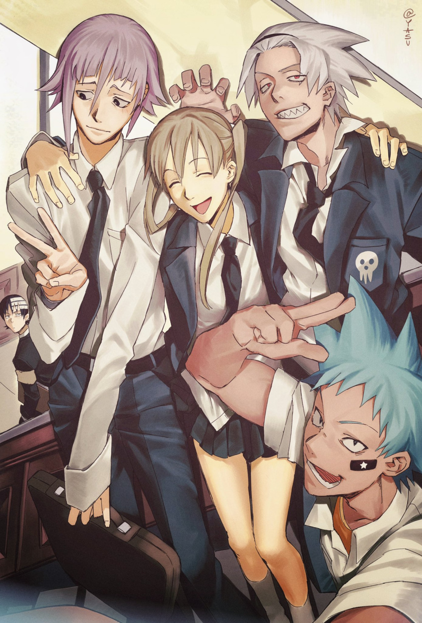 1girl, 1other, 3boys, androgynous, ann_yasu_d, black_necktie, black_skirt, black_star
