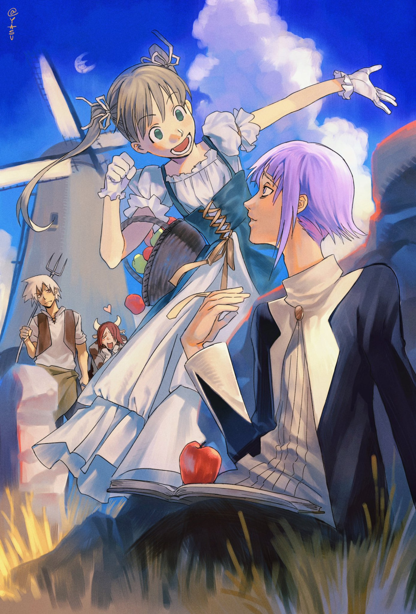 1girl, 1other, 2boys, androgynous, ann_yasu_d, apple, bags_under_eyes, basket